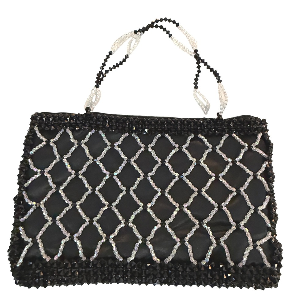 Sparkling Black Beaded Handbag Evening Clutch Purse Rhinestone Accents